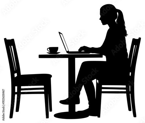 tte of a woman sitting at a table using a laptop, with a cup on the table, coffee, computer, dinning table, girl, job, kitchen table, laptop, profile, sit, table, woman, against transparent background