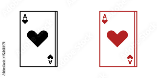 Ace of hearts playing card icon set with minimalist outline style in black and red.