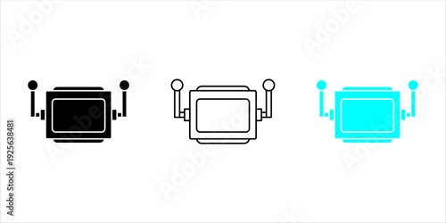 Robot head icons set with monitor face and antennas, flat vector illustration in black, outline, and cyan styles.