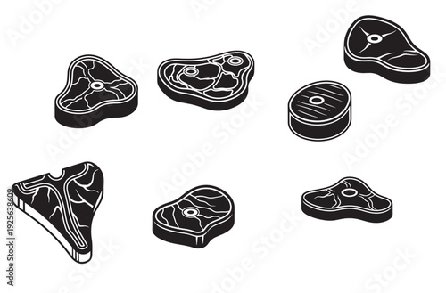 ssortment of premium steak cuts in isometric view, including T-bone ribeye and sirloin, raw beef for grilling and cooking, gourmet meat selection