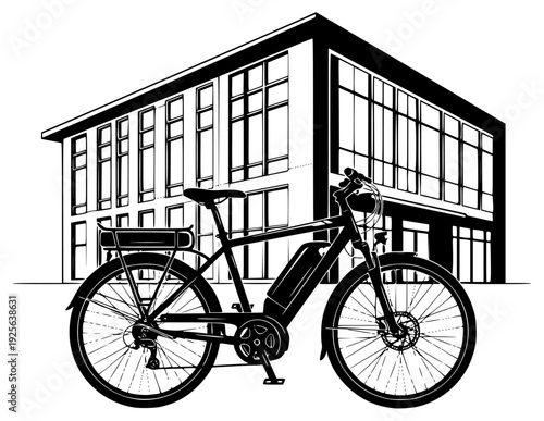 black and white illustration of a bicycle parked in front of a modern building, attach, bicycle, black, building, illustration, office building, park, profile, scooter, against transparent background
