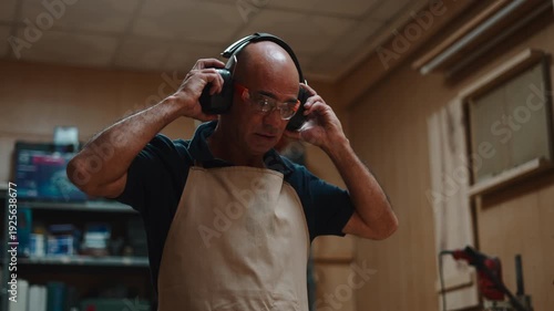 Luthier wearing safety equipment and inspecting a wooden electric guitar body