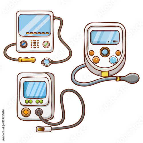 Collection of diverse digital medical devices illustrated in a cartoon style, showcasing modern health monitoring equipment for accurate vital sign assessment and diagnostic purposes