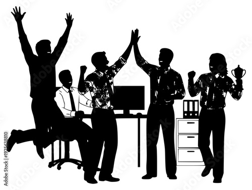 etting, arm, business team, businessman, cheer, computer, hand, job, lift, man, office, office supply, officer, person, profile, stand, stool, table, trophy, trophy cup, against transparent background