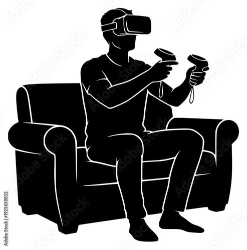  vr headset and holding two controllers, armchair, black, chair, comb, couch, hair drier, hand, illustration, man, profile, razor, remote, shaver, sit, tool, video game, against transparent background