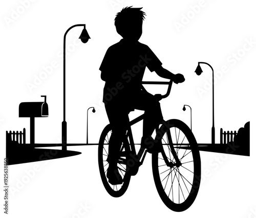 A silhouette of a boy riding a bicycle in a suburban setting, bicycle, boy, child, city, city view, cycle, illustration, lamp post, man, profile, ride, urban, against transparent background