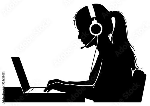 A silhouette of a woman wearing a headset while working on a laptop, black, computer, earphone, girl, illustration, job, laptop, music, profile, sit, wear, woman, against transparent background