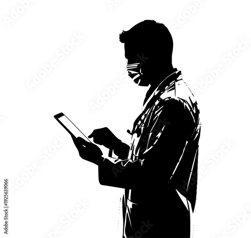  clipboard, corridor, doctor, electronic, hallway, hospital, hospital room, illustration, lab coat, man, mask, profile, read, robe, stand, tablet, tablet computer, wear, against transparent background