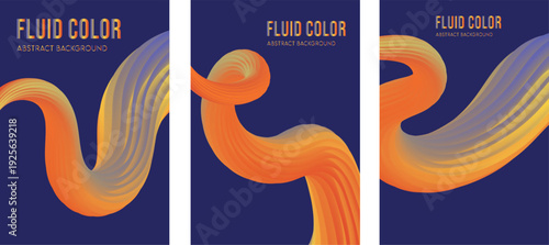 Set of three abstract fluid color art backgrounds with swirling 3D tubes and gradient effects on dark blue