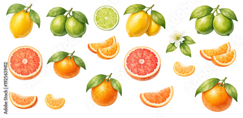 A charming watercolor collection of citrus fruit clipart, including lemons, limes, oranges, grapefruit slices, green leaves, and white blossoms.