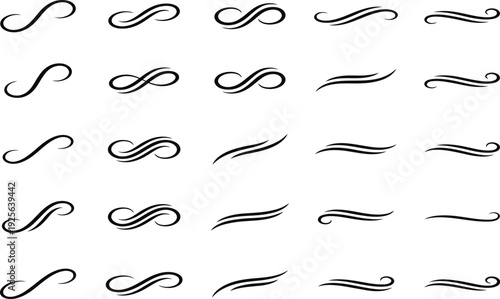 Black calligraphic swash vector collection. Includes 30 decorative flourish elements in various elegant curved and wavy styles. Created in a flat black and white style.