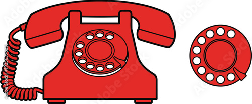 Classic Red Rotary Dial Telephone Vector Illustration Set with Vintage Landline Phone and Separate Dial Icon for Retro Communication