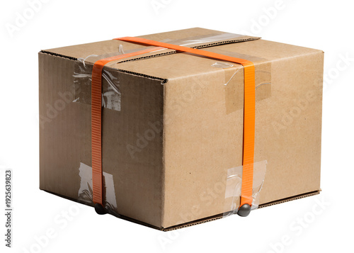 Cardboard Delivery Box with Orange Straps Isolated on White Backgroundv