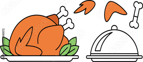 Roasted Chicken or Turkey Vector Illustration Set with Whole Bird on Platter Chicken Wings Bone and Silver Cloche for Food Design