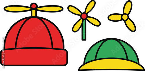 Colorful Propeller Beanie Hat Vector Illustration Set with Red and Green Caps and Yellow Spinning Rotor Icons for Kids and Party Fun