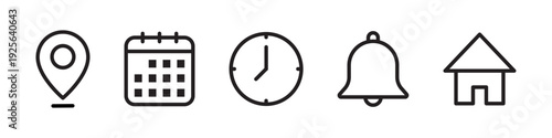 Navigation and interface icons for location calendar clock bell and home