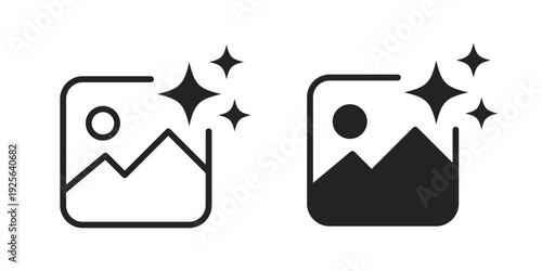 Photo gallery icons with mountain landscape and magic sparkles