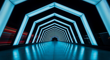 Futuristic neon-lit tunnel corridor with repeating hexagonal frames and blue glowing lights, creating a cyberpunk sci‑fi walkway with strong perspective, reflections, and