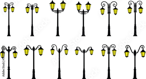 Streetlamp, lantern, silhouette, streetlight, lamp, vintage, lighting, urban, city, decorative, classic, pole, illumination, black, isolated, vector, illustration, set, collection, design