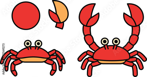 Cute Red Crab Character Vector Illustration Set with Large Pincers and Sea Animal Icons for Kids Marine Life and Seafood Design