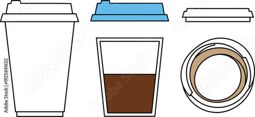 Disposable Coffee Cup and Plastic Lid Vector Illustration Set for Cafe Branding Morning Drink Takeaway and Beverage Mockup Design