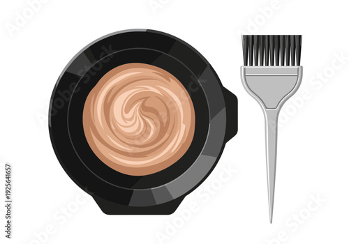 A round plastic bowl containing natural light brown hair dye with an ash tint reminiscent of classic blonde. A professional hair coloring brush lies nearby.