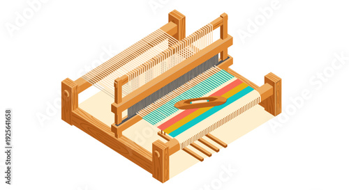 An isometric image of a simple wooden frame loom with a woven piece of fabric in a simple striped pattern. The shuttle rests on the fabric. Flat vector illustration.