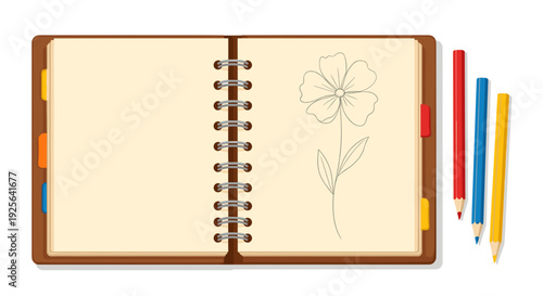 An open spiral-bound sketchbook. On the right page is a simple, unfinished line drawing of a flower. Three colored pencils lie next to the sketchbook.