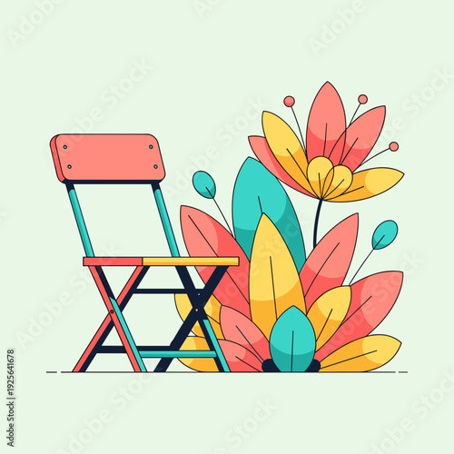 A simple folding chair next to a stylized, bright flowerbed with expressive geometric petals. Flat vector illustration