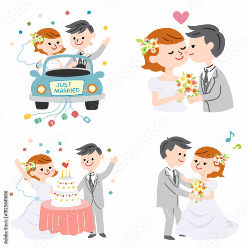 Four flat cartoon wedding scenes: newlyweds in a just married car, sweet kiss, cake celebration, and first dance with music notes. Romantic marriage moments on white background.