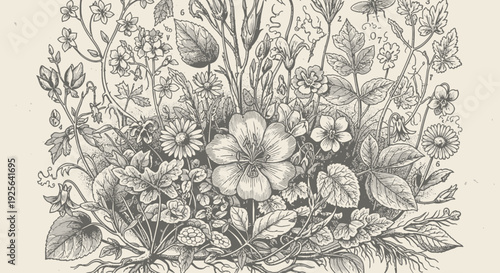 Detailed botanical illustration of wild plants, herbs, and flowers in vintage engraving style, nature-inspired hand-drawn foliage design.