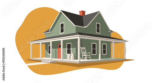 A stylized farmhouse with a veranda, seen from a three-quarter angle. A simple rocking chair and milk jugs sit on the veranda. Modern, graphic, flat vector.