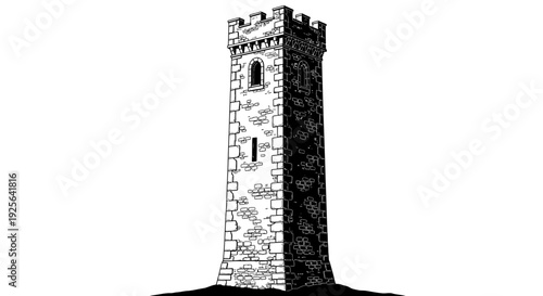 Black and white detailed illustration of a medieval stone castle tower with crenellated battlements, ancient fortress architecture.