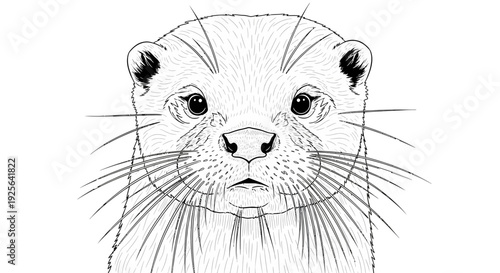 Detailed line art illustration of an otter's head and face. Black and white drawing of a cute river animal mammal for design.