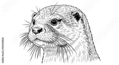 Detailed black and white sketch illustration of an otter's head. Hand-drawn wildlife portrait of a furry aquatic mammal.