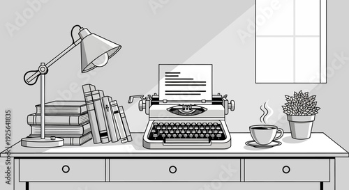 Vintage Typewriter on a Desk with Books, Coffee, and Lamp, Monochrome Illustration of a Creative Workspace for Writers