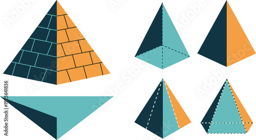 Egyptian Pyramid Vector Illustration Set with 3D Geometric Shapes and Triangle Prism Icons for History and Architecture Design