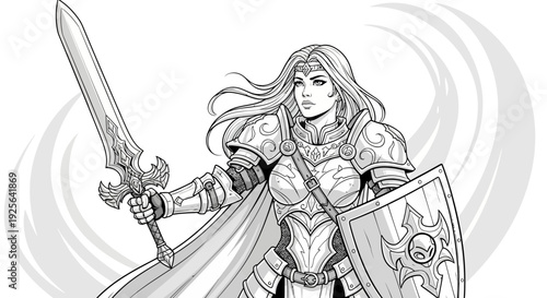 Black and white illustration of a strong female fantasy warrior knight in full ornate plate armor holding a sword and shield, heroic pose