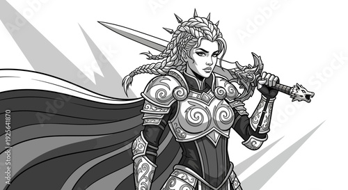 Powerful female warrior in ornate armor holding a majestic sword, heroic fantasy illustration. Brave knight in grayscale with flowing cape.