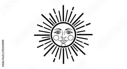 Stylized Sun with Face and Rays Illustration. Celestial Bohemian Graphic Design Element, Vintage Doodle Drawing for Mystic Concepts.