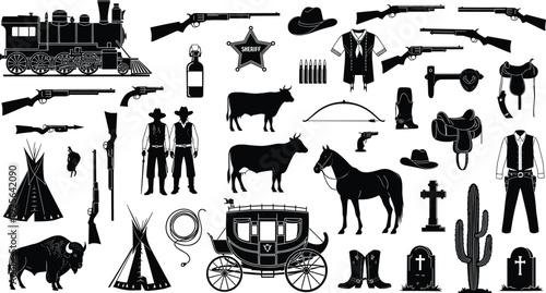 Western, cowboy, wildwest, silhouette, sheriff, horse, revolver, rifle, saloon, cactus, wagon, vintage, america, texas, outlaw, black, vector, illustration, set, collection