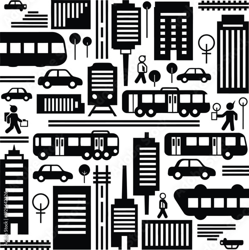 city transport icons, black and white urban background