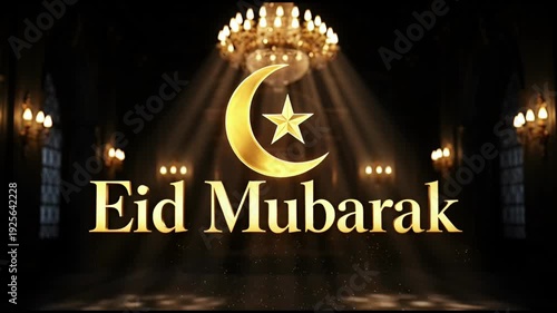 A golden crescent moon and star shine brightly on a decorative background