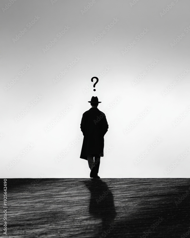 Obraz premium Mysterious Man Silhouette in Trench Coat and Fedora Hat Walking Away into Bright Mist with Question Mark Symbol Above Head, Surreal Conceptual Black and White Minimalism Photography for Noir Themes