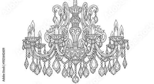 Ornate Crystal Chandelier Line Art Vector Illustration. Elegant Vintage Luxury Lighting Design Element.