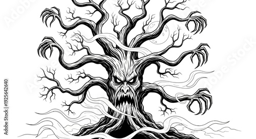 Terrifying Evil Tree Monster with Gnarled Branches, Menacing Face, and Misty Roots - Black and White Horror Fantasy Illustration