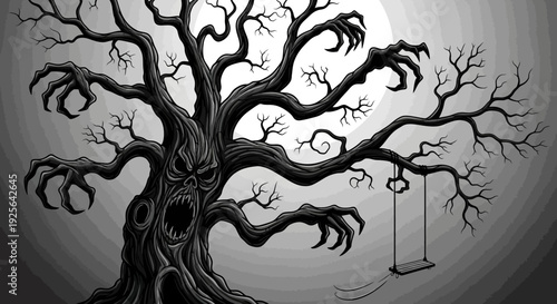 Eerie Haunted Tree with Screaming Face and Clawed Branches, Featuring an Empty Swing Under a Full Moon - Spooky Fantasy Art