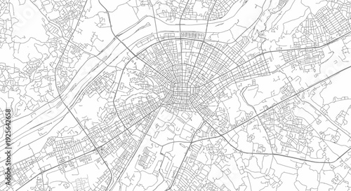 Abstract urban street map diagram in black and white, showing a complex city grid and road network for planning and design.