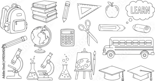 Set of artist supplies. Art and craft accessories such as brushes, knife, color, easel, palette. Vector illustration isolated on white background. Doodle hand drawn painting objects collection vector