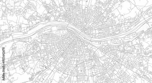 Monochrome minimalist city map with detailed street network and winding river. Urban planning, navigation, and geographic background.